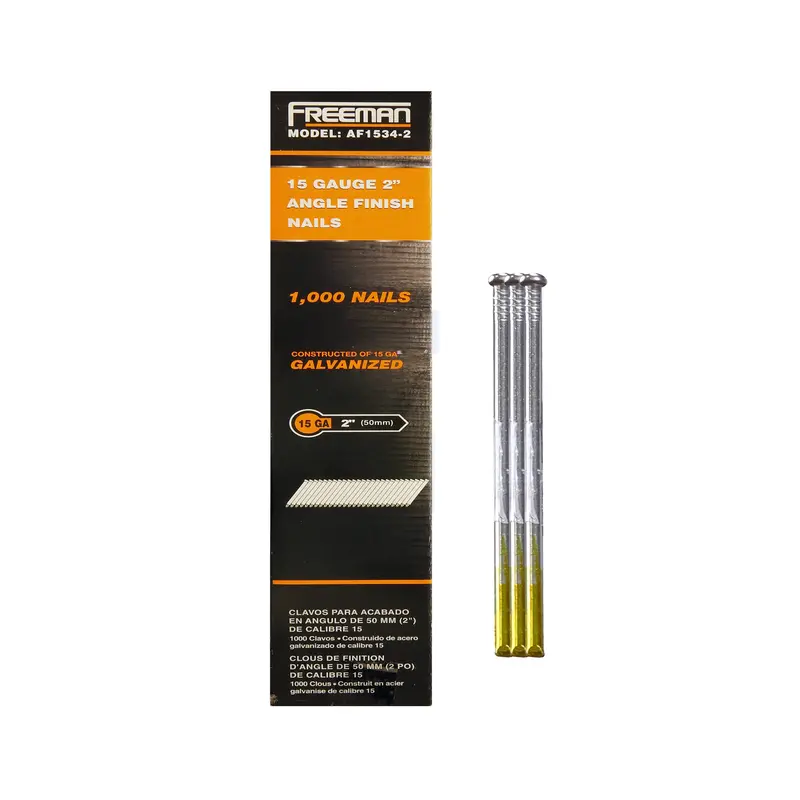 15-Gauge 34-Degree Tape-Collated Finish Nails (1-1/2″ to 2-1/2″) – Galvanized or Stainless Steel