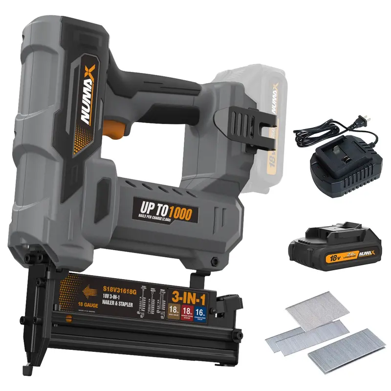 18V Cordless 3-in-1 Tool: 16G/18G Finish Nailer, Brad Nailer, and Narrow Crown Stapler