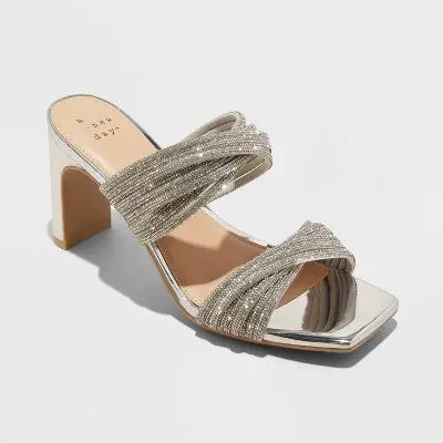 A New Day Women’s Chunky Block Heel Sandals – Strappy Rhinestone Design – Wide Width – New