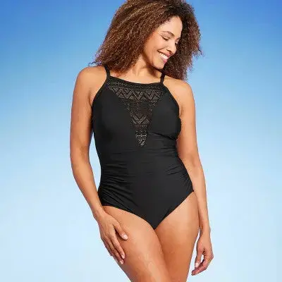 Aqua Green Crochet High-Neck UPF 50 One-Piece Swimsuit