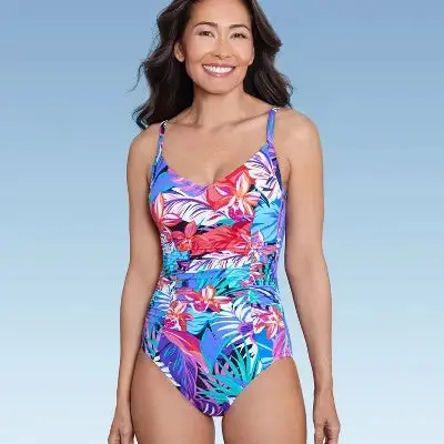 Aqua Green V-Neck One-Piece Swimsuit – Tummy Control & UPF 50+ Sun Protection