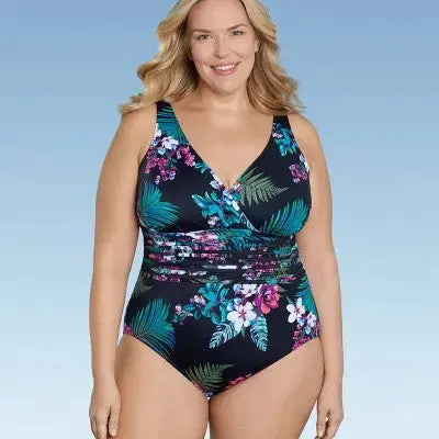 Aqua Green Women’s UPF 50 Deep V-Neck One-Piece Swimsuit with Tummy Control