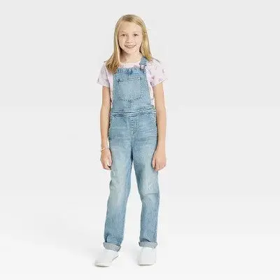 Cat & Jack Girls’ Light-Wash Denim Overalls – Straight-Leg Bib Jumpsuit