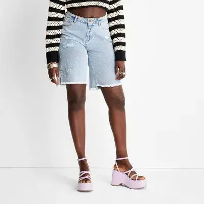 Future Collective Light Blue Frayed Bermuda Jeans – High-Rise Denim Shorts