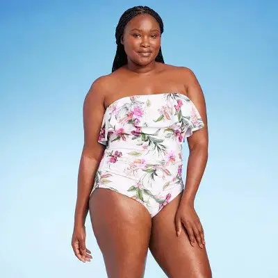 Kona Sol Women’s Ruched Bandeau Swimsuit – One-Piece Full-Coverage Bikini