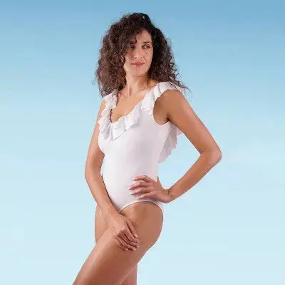 LIBERTY & JUSTICE Women’s Cheeky One-Piece Swimsuit with Ruffle Neckline & High-Leg Cut