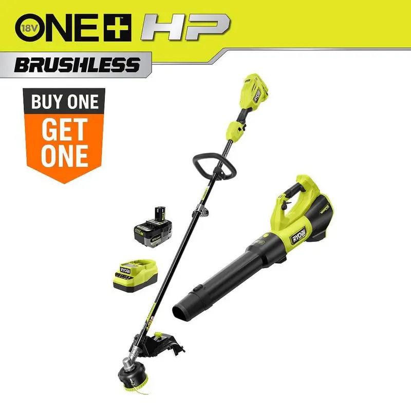 Open-Box Ryobi ONE+ HP 18V Brushless Cordless String Trimmer & Leaf Blower Combo Kit (15″ Trimmer, 130 MPH / 510 CFM Blower, 4.0 Ah Battery + Charger)