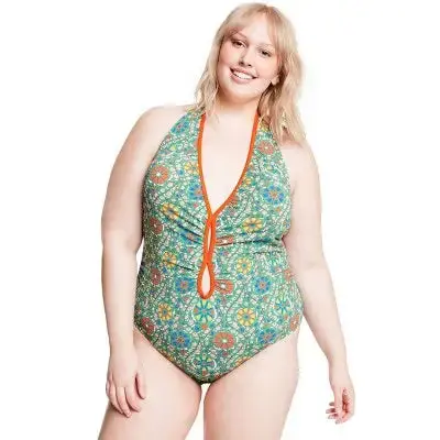 RHODE Women’s V-Neck Halter One-Piece Swimsuit with High-Leg Cheeky Cut