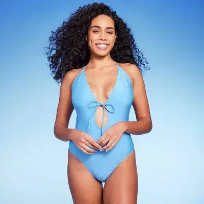 Shade & Shore Plunge One-Piece Swimsuit – Tie-Front Swimwear