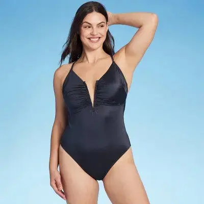 Shade & Shore V-Wire Plunge Shirred One-Piece Swimsuit