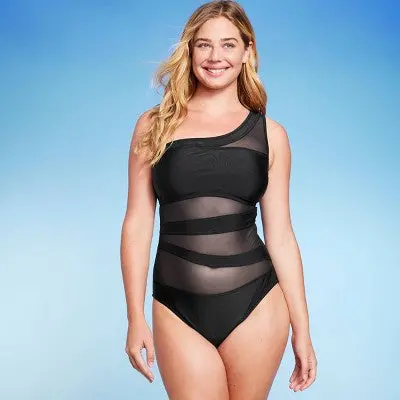 Shade & Shore Women’s Mesh-Overlay One-Shoulder One-Piece Swimsuit